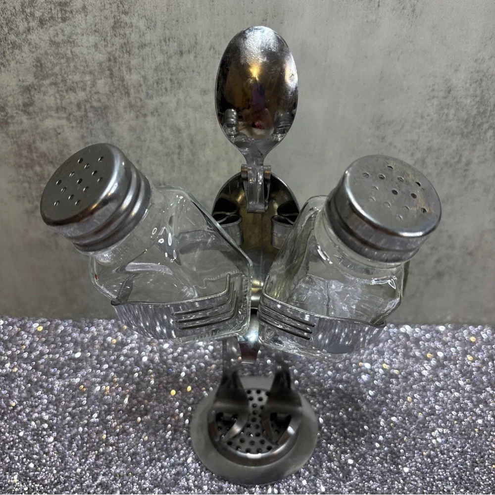 Vintage Novelty Art Silver & Clear Glass Salt & Pepper Shakers, on Holder